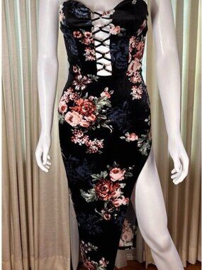Blanc Black Floral Velvet Strapless Lace Up Bodycon Midi Dress Side Slit S NWOT
